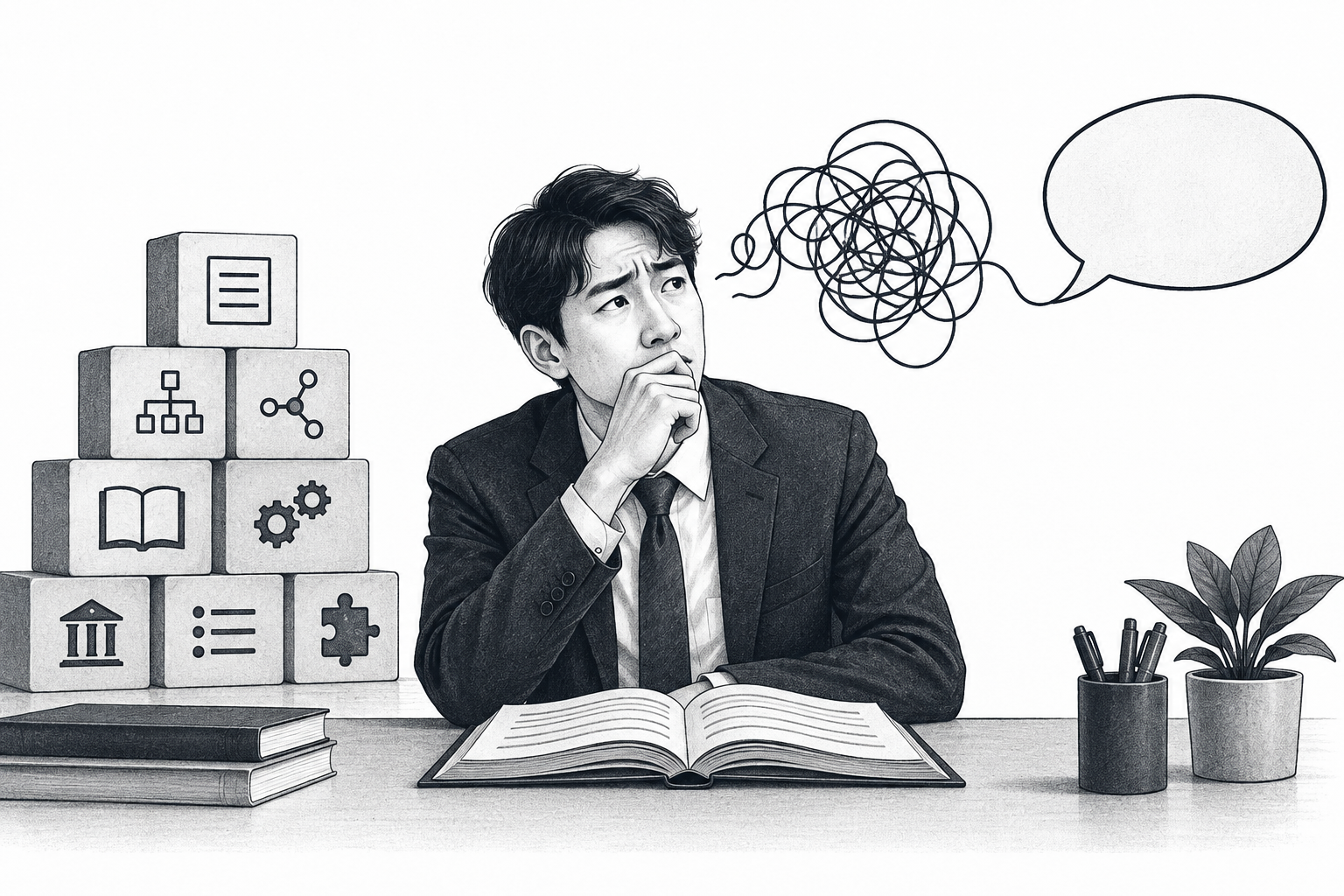An office professional knows the grammar, but a tangled thought line stops before an empty speech bubble.